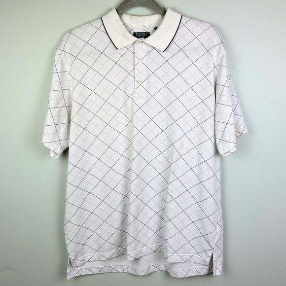 Izod Polo T Shirt Collared Short Sleeve Top White Diamond Plaid Pt Golf Cotton M - Picture 1 of 12